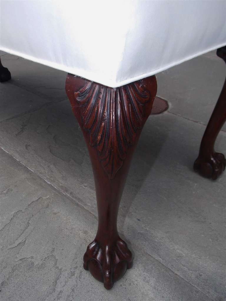 19th Century English Mahogany Upholstered Acanthus Knee Bench. Circa 1840