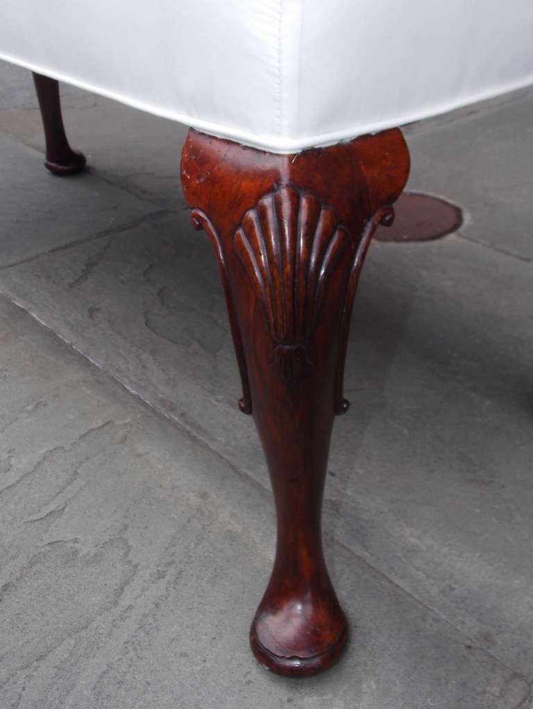 British English Mahogany Upholstered Shell Knee Bench, Circa 1840