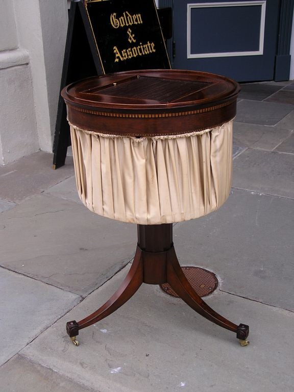 George III English Mahogany Tambour Inlaid Tripod Sewing Table, Circa 1780 For Sale