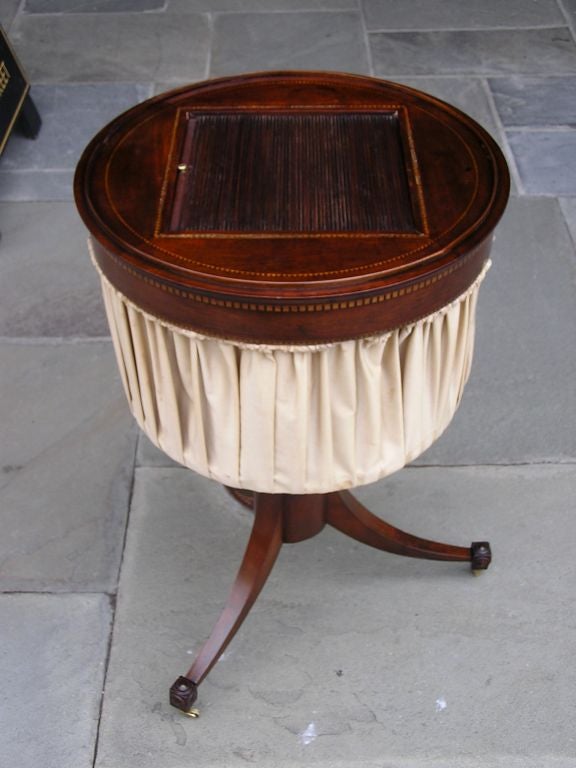 Cast English Mahogany Tambour Inlaid Tripod Sewing Table, Circa 1780 For Sale