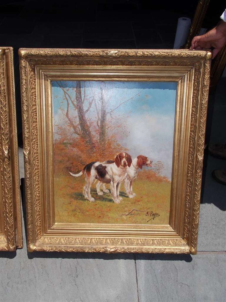 Pair of American Canine Oil on Canvas-  Signed E. Payne In Excellent Condition For Sale In Hollywood, SC