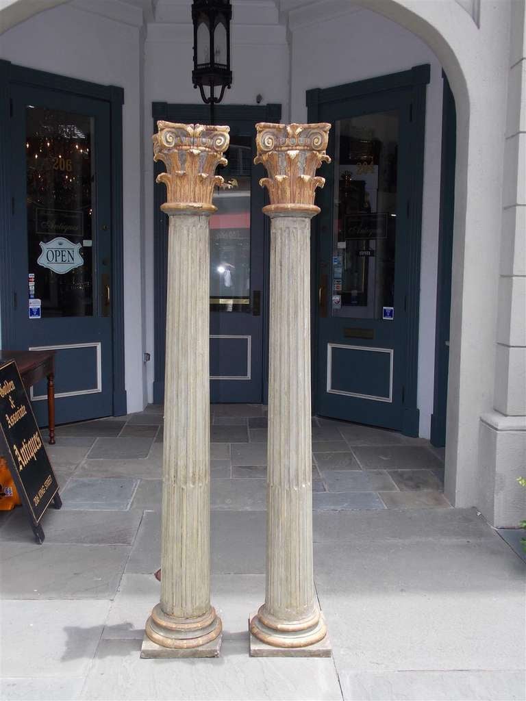 Neoclassical Pair of Italian Gilt Carved Wood & Painted Corinthian Columns, Circa 1790