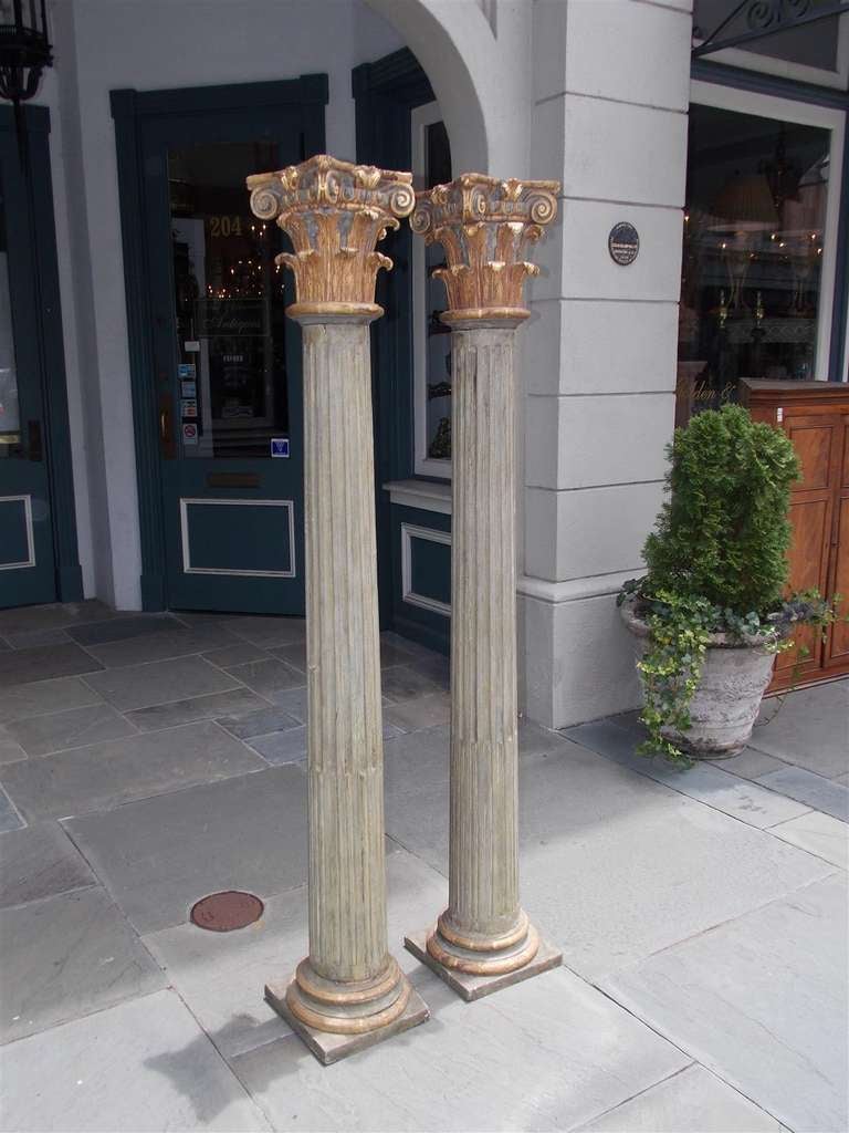 Hand-Carved Pair of Italian Gilt Carved Wood & Painted Corinthian Columns, Circa 1790