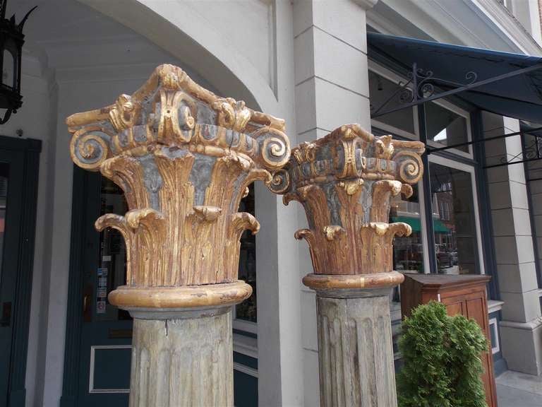 Pair of Italian Gilt Carved Wood & Painted Corinthian Columns, Circa 1790 1