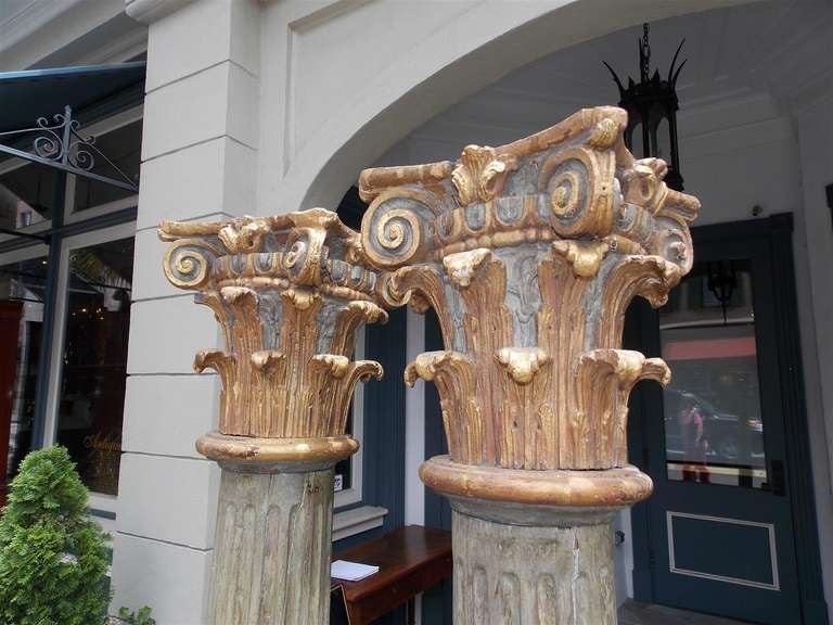 Pair of Italian Gilt Carved Wood & Painted Corinthian Columns, Circa 1790 2