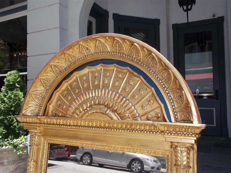 Hand-Carved Russian Gilt Carved Wood and Gesso Arched Cornice Lapis Wall Mirror, Circa 1780 For Sale