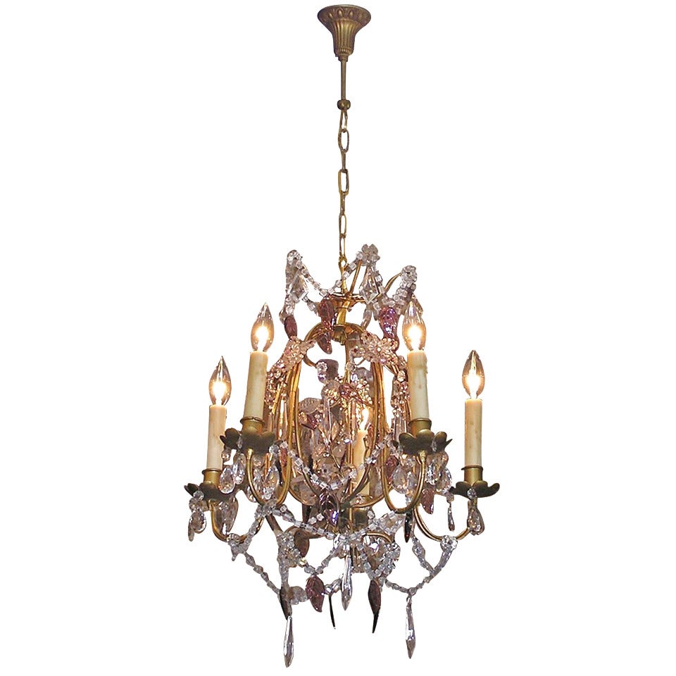 French Gilt Bronze & Amethyst Crystal Five Arm Chandelier, Orig Candles, C 1850 
