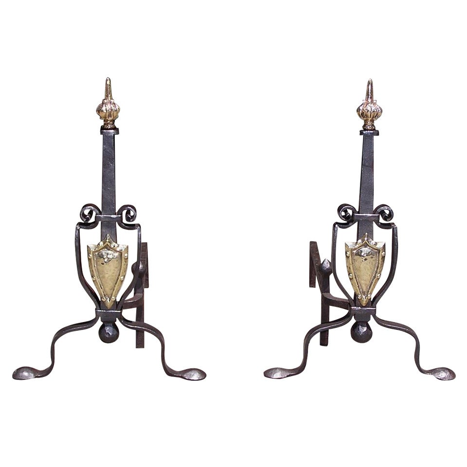 Pair of Italian Brass and Wrought Iron Andirons For Sale