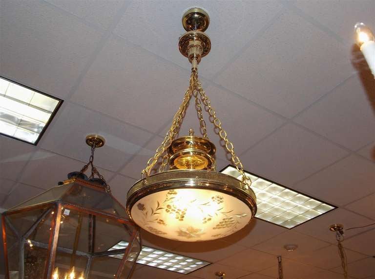 American Brass Frosted Globe Chandelier In Excellent Condition In Hollywood, SC