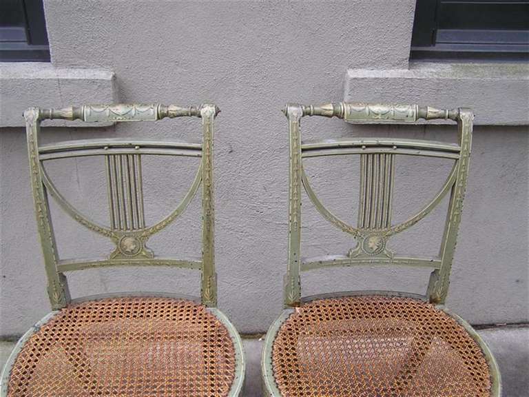 Pair of French Hand-Painted and Stenciled Lyre Back Chairs, Circa 1810 For Sale 1