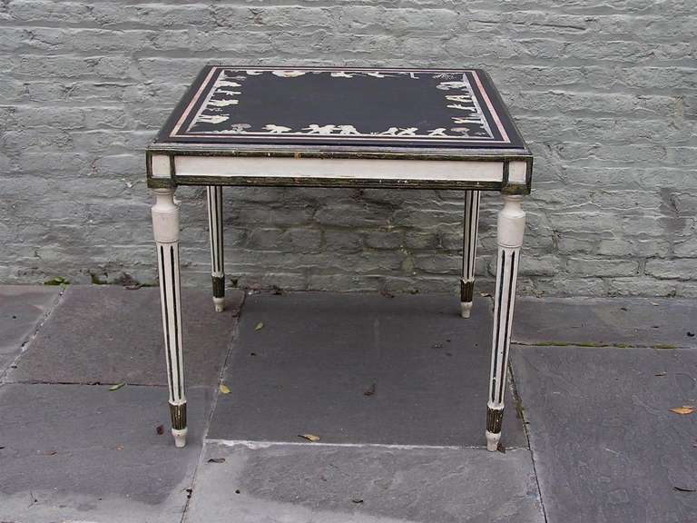Italian inlaid and painted slate top table with fluted and turned ring legs, Early 19th century.