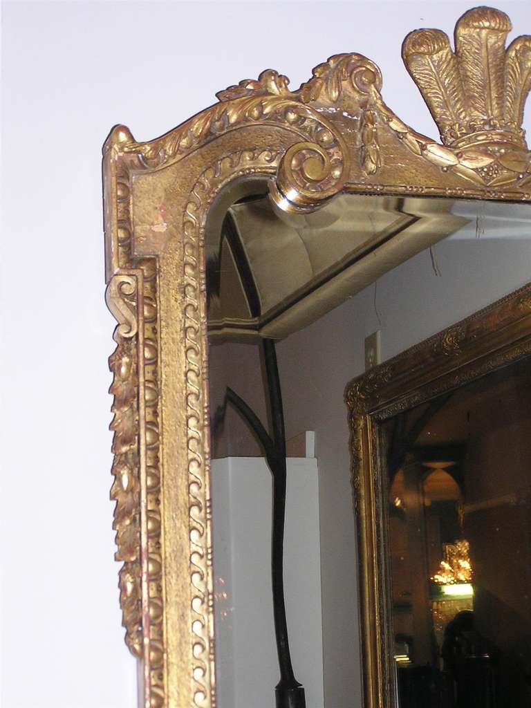 English Gilt Carved Wood Prince of Wales Wall Mirror, Circa 1830 In Excellent Condition In Hollywood, SC