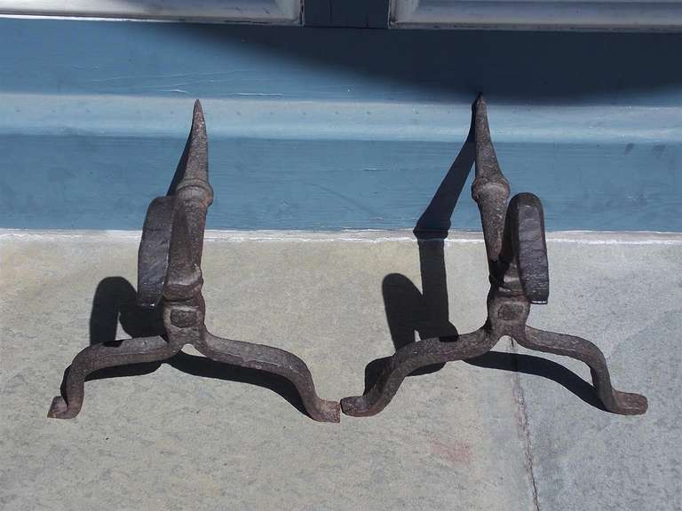 Pair of American Period Wrought Iron Goose Neck Andirons, Circa 1750 In Excellent Condition In Hollywood, SC
