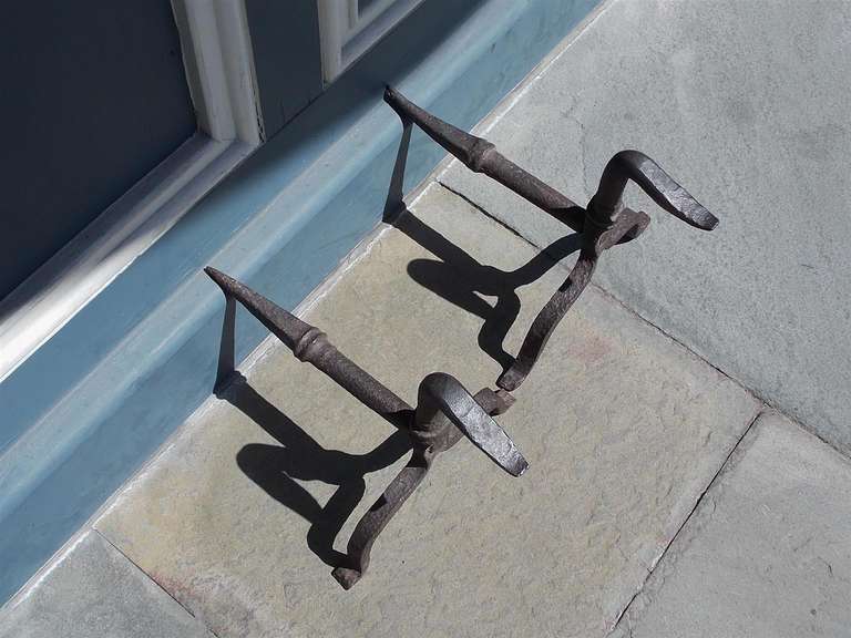 18th Century and Earlier Pair of American Period Wrought Iron Goose Neck Andirons, Circa 1750