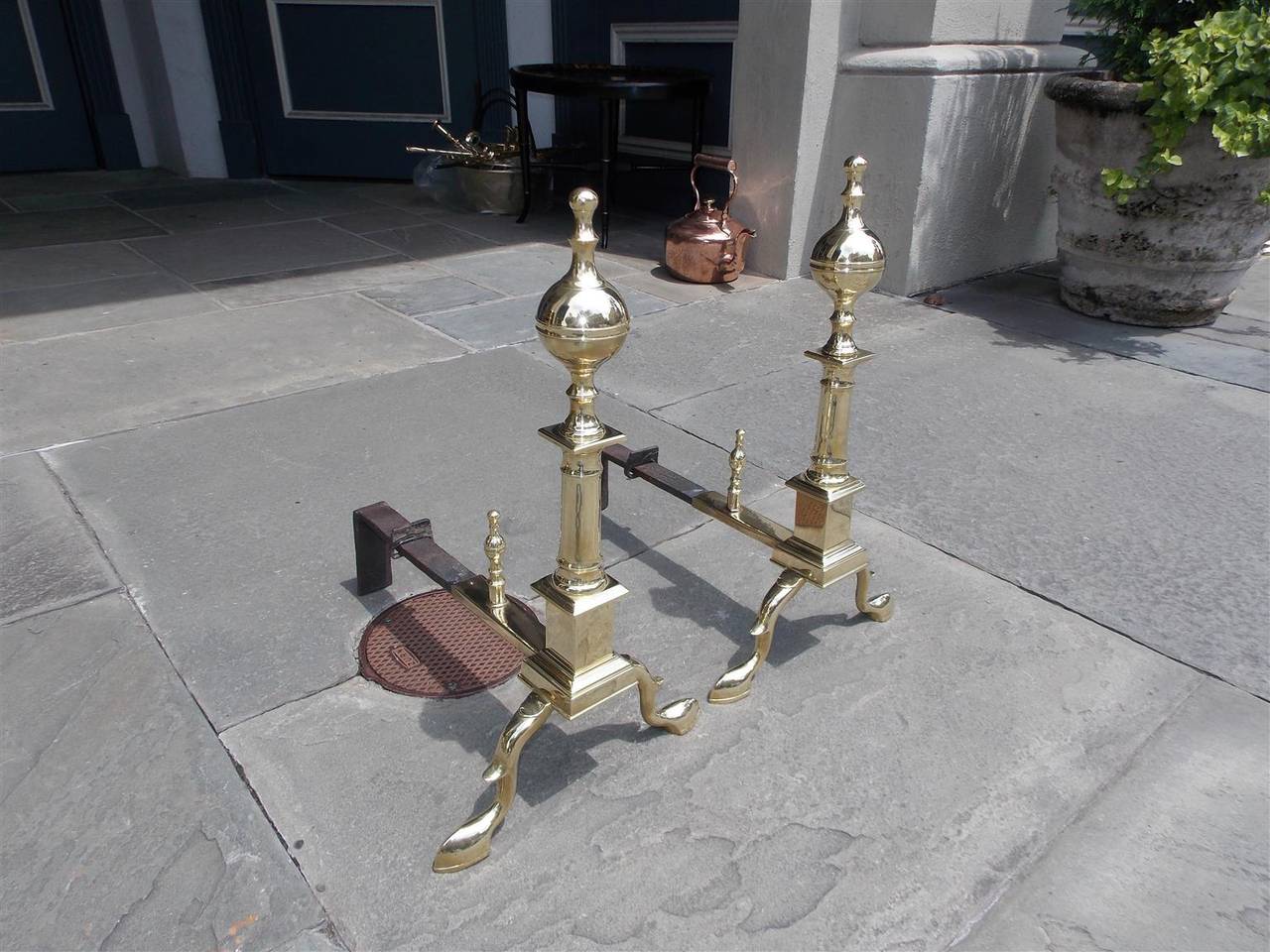 Pair of American Brass Ball Top Andirons, New York, Circa 1810 For Sale 1