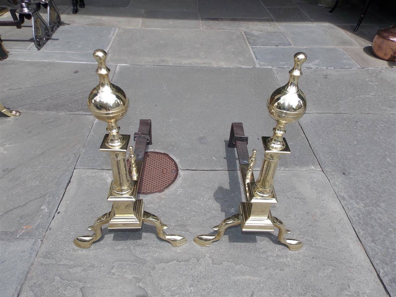 American Colonial Pair of American Brass Ball Top Andirons, New York, Circa 1810 For Sale