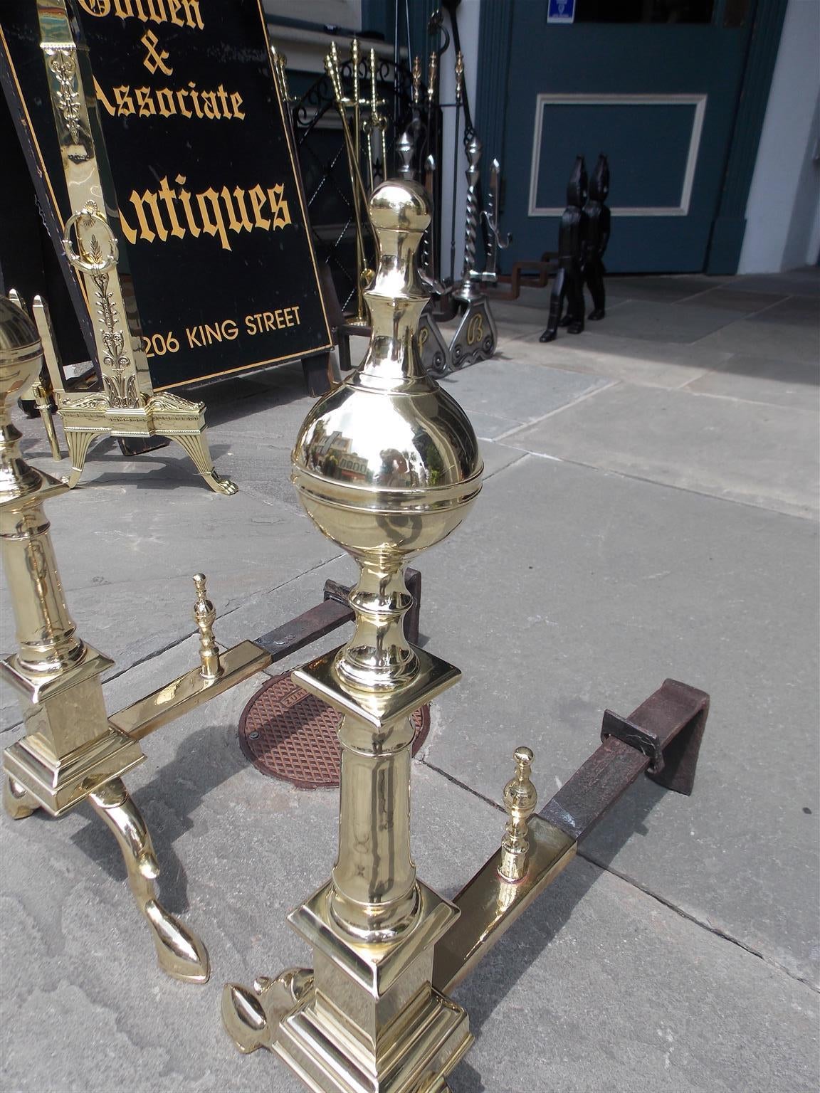 Early 19th Century Pair of American Brass Ball Top Andirons, New York, Circa 1810 For Sale