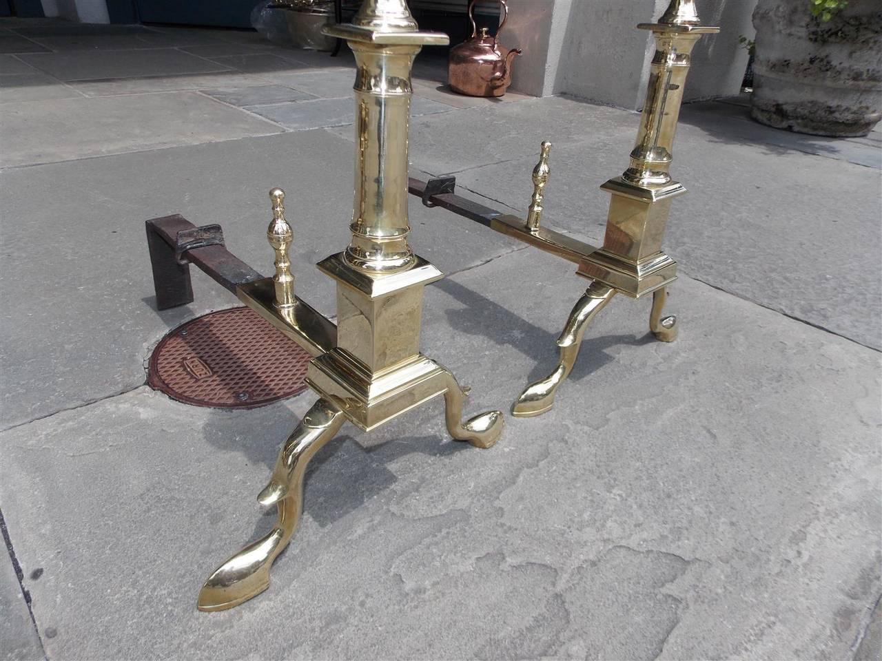 Pair of American Brass Ball Top Andirons, New York, Circa 1810 For Sale 3