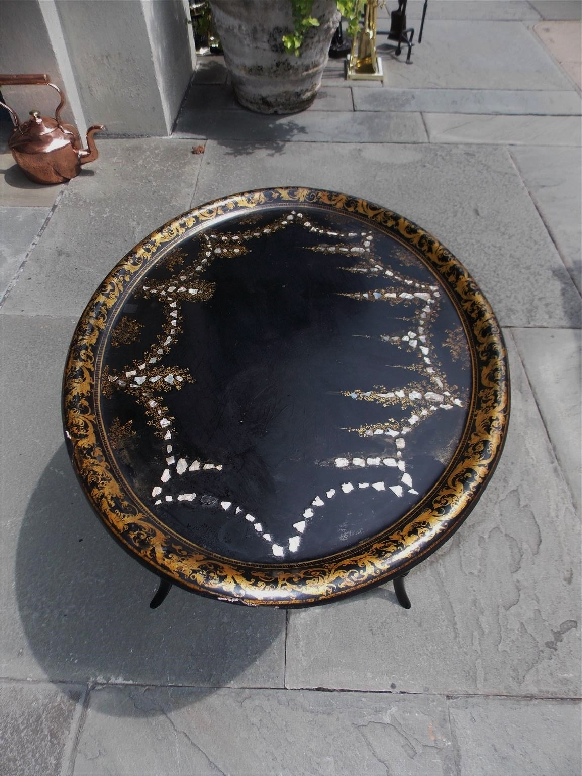 Gilt English Regency Papier-Mâché Inlaid Mother of Pearl Tray on Stand, Circa 1820