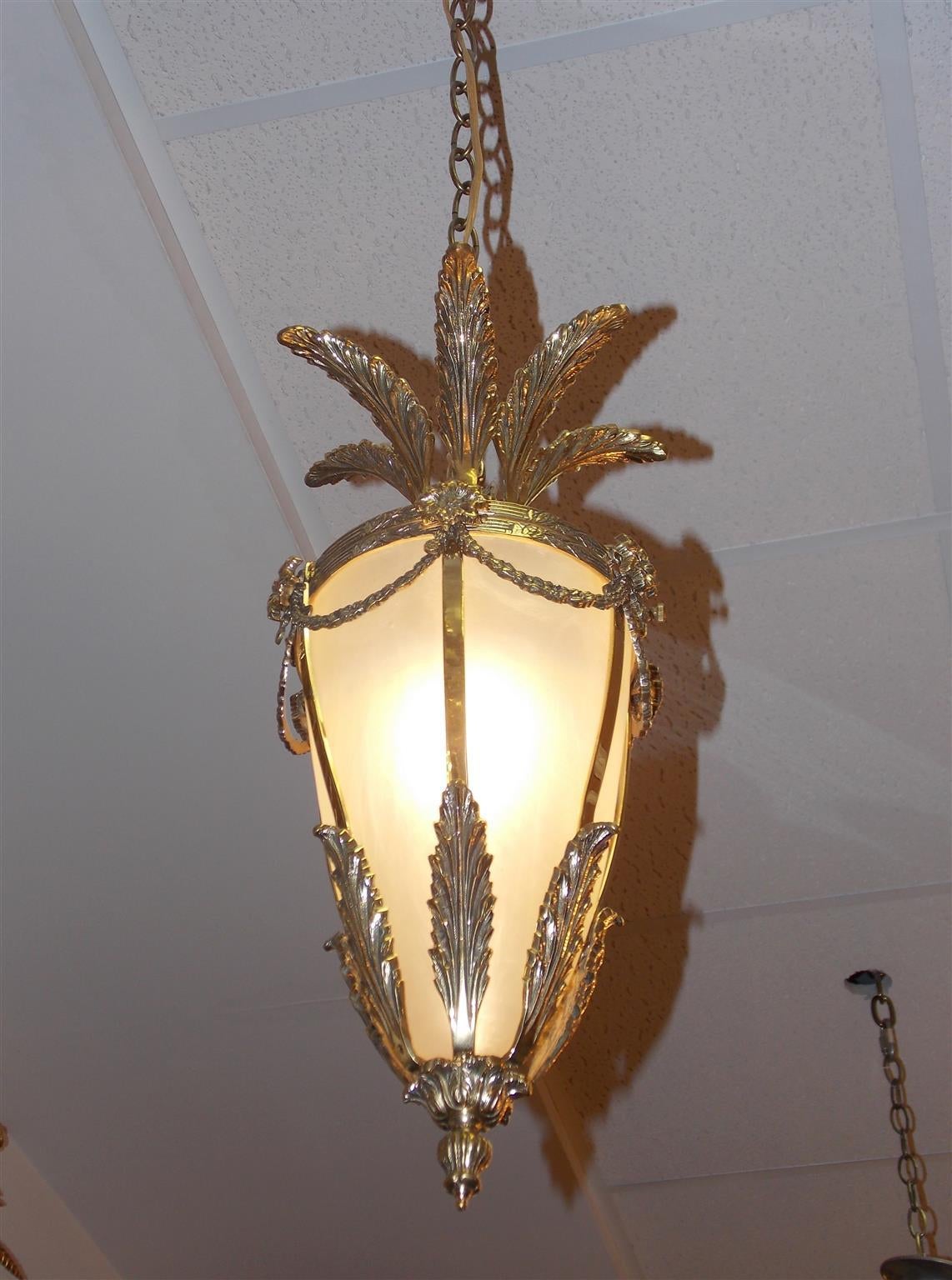 Mid-19th Century French Brass Floral Hanging Lantern with Frosted Globe, Circa 1840