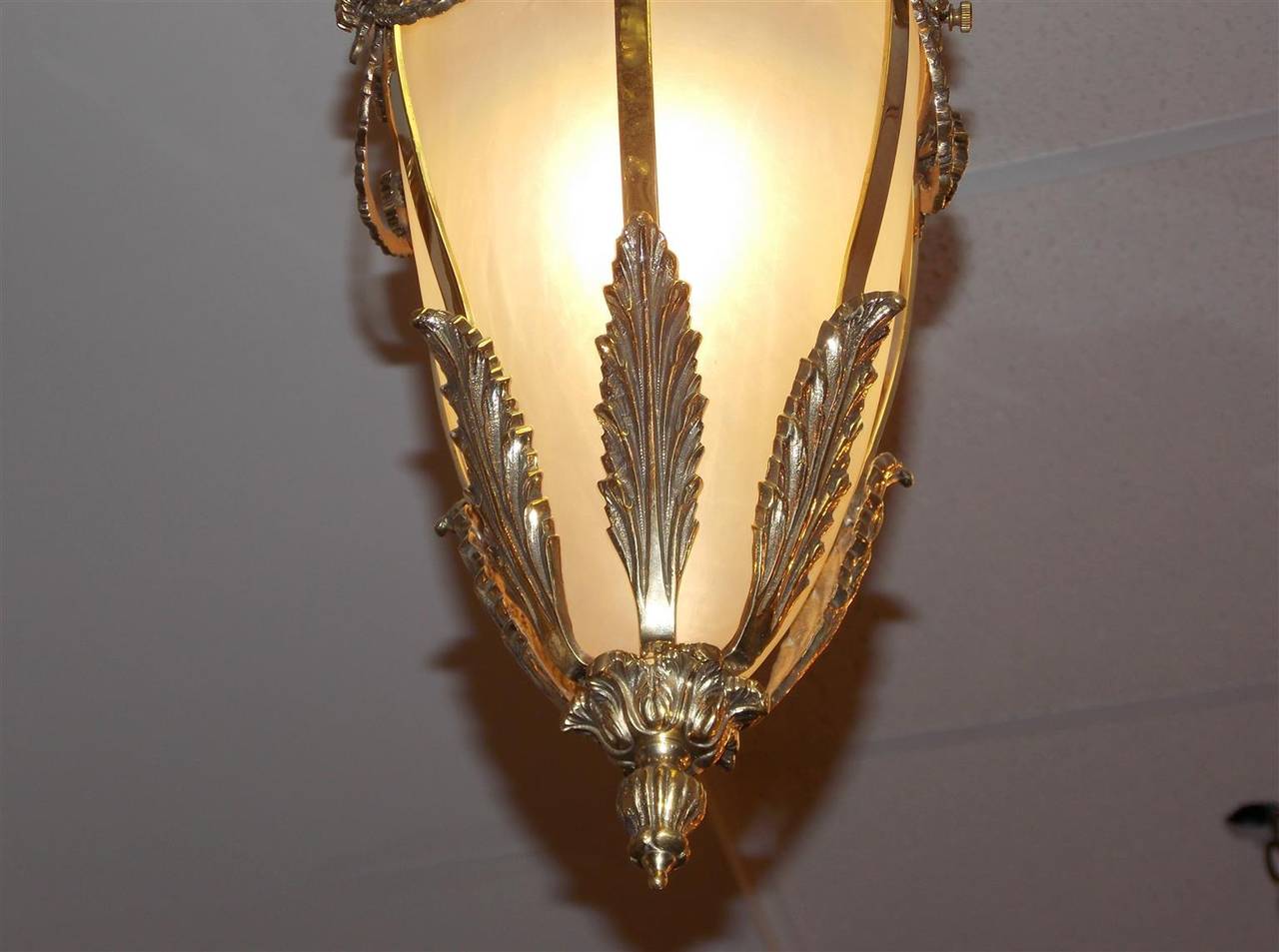 French Brass Floral Hanging Lantern with Frosted Globe, Circa 1840 In Excellent Condition In Hollywood, SC