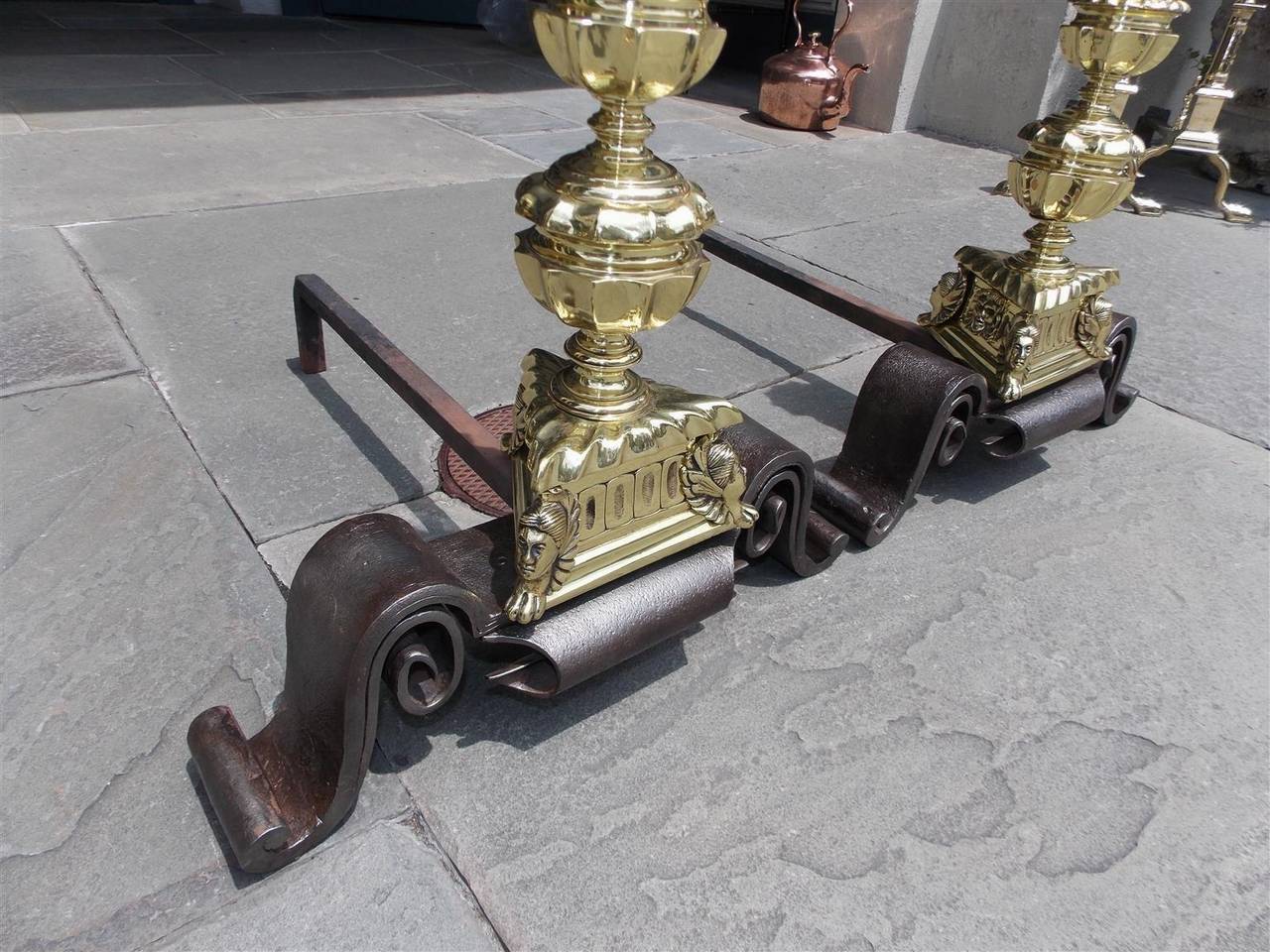 Pair of English Decorative Brass and Wrought Iron Andirons, Circa 1750 For Sale 2