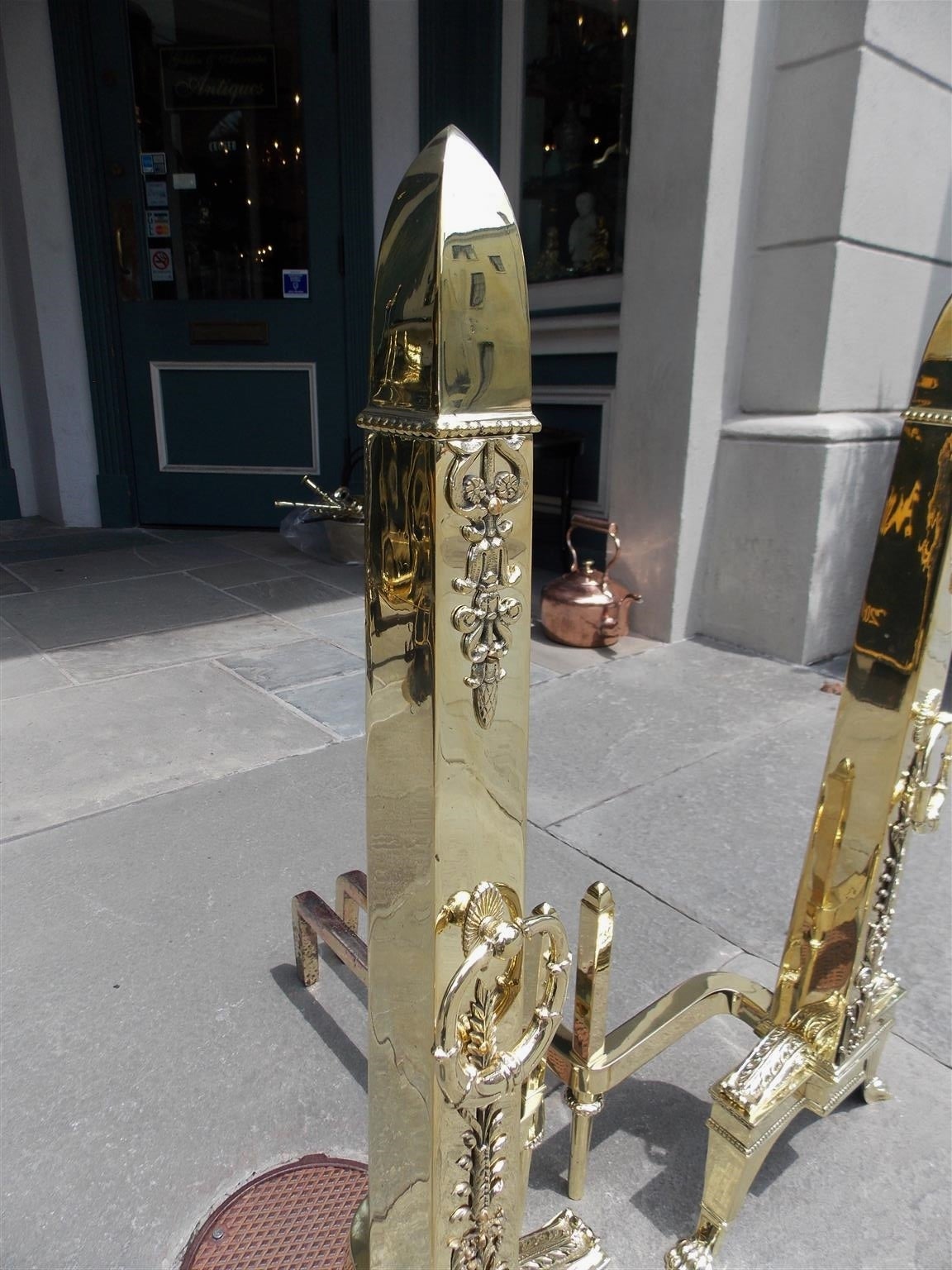 Louis Philippe Pair of Monumental French Brass Obelisk Acanthus Floral Andirons. Circa 1830 For Sale