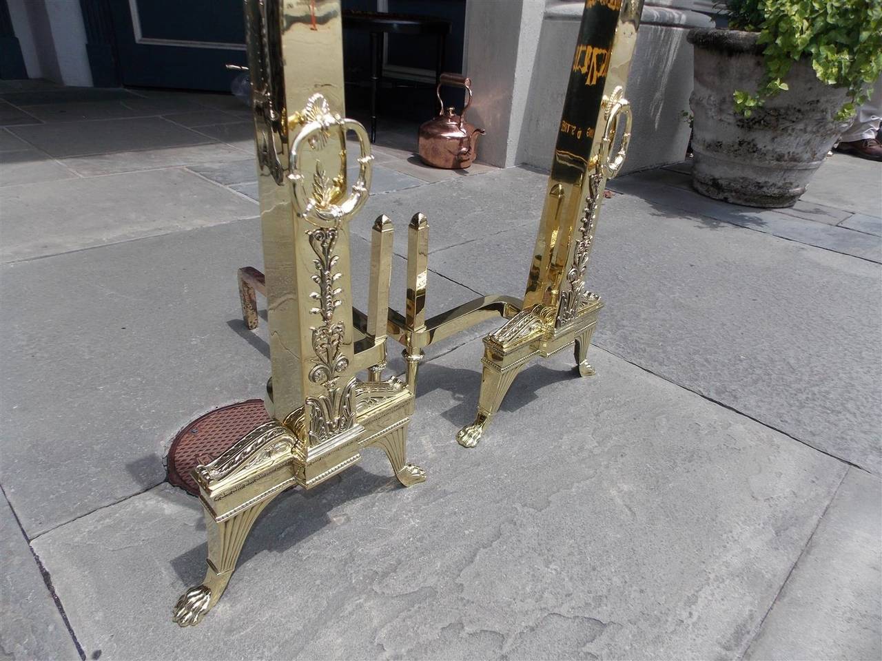Mid-19th Century Pair of Monumental French Brass Obelisk Acanthus Floral Andirons. Circa 1830 For Sale