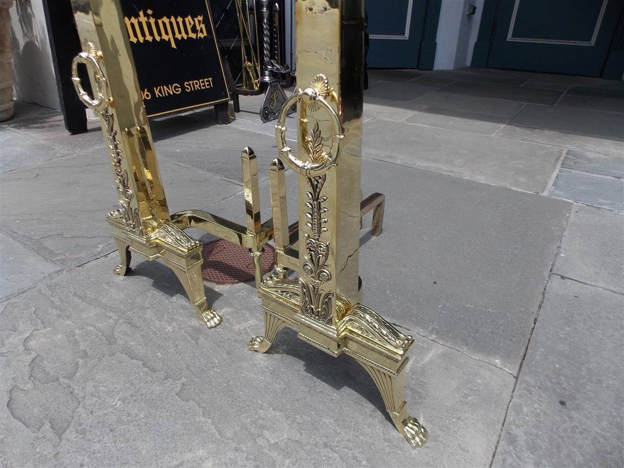 Pair of Monumental French Brass Obelisk Acanthus Floral Andirons. Circa 1830 For Sale 1