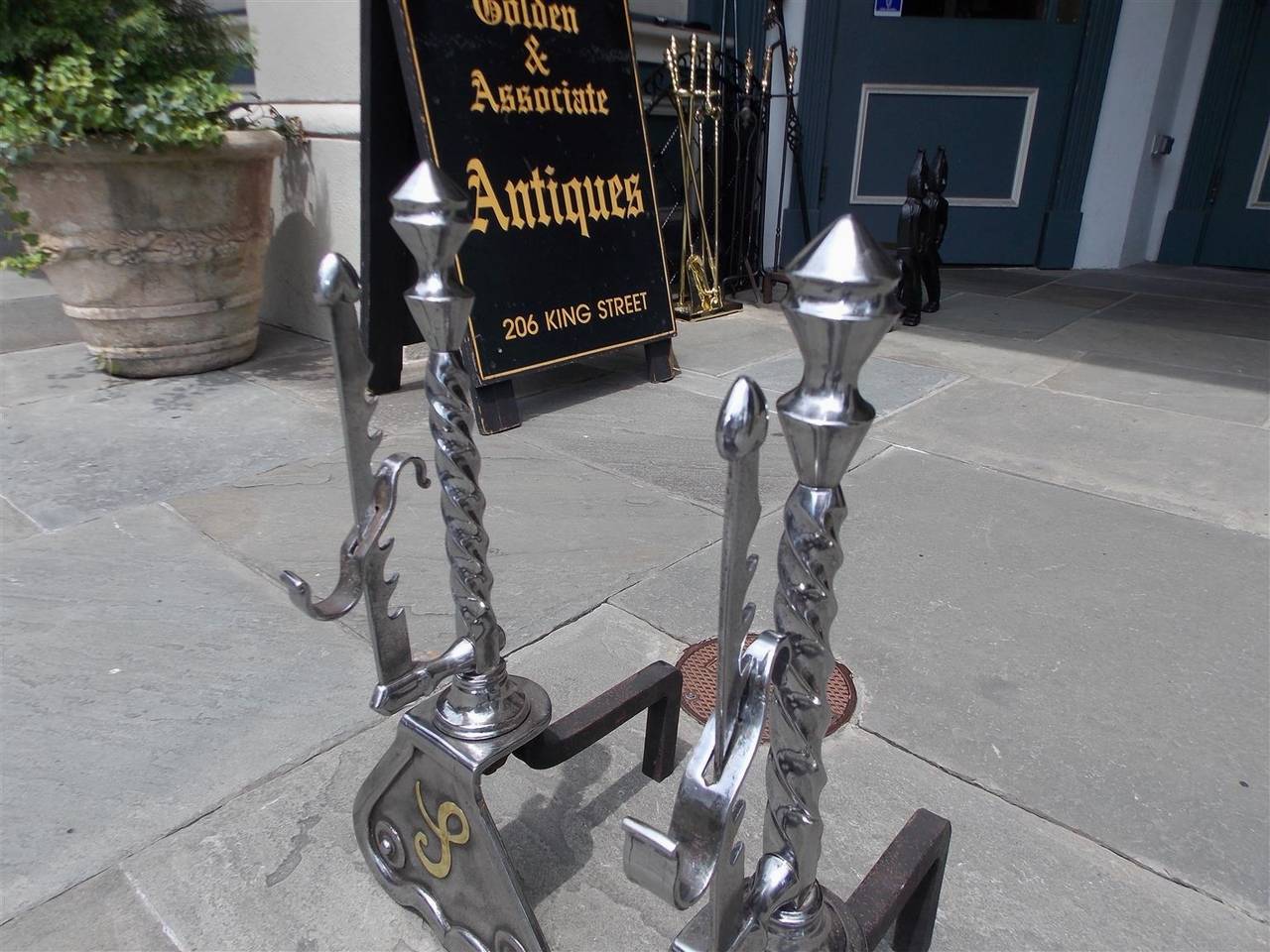 William IV Pair of English Polished Steel and Nickel Silver Andirons.  Circa 1850 For Sale