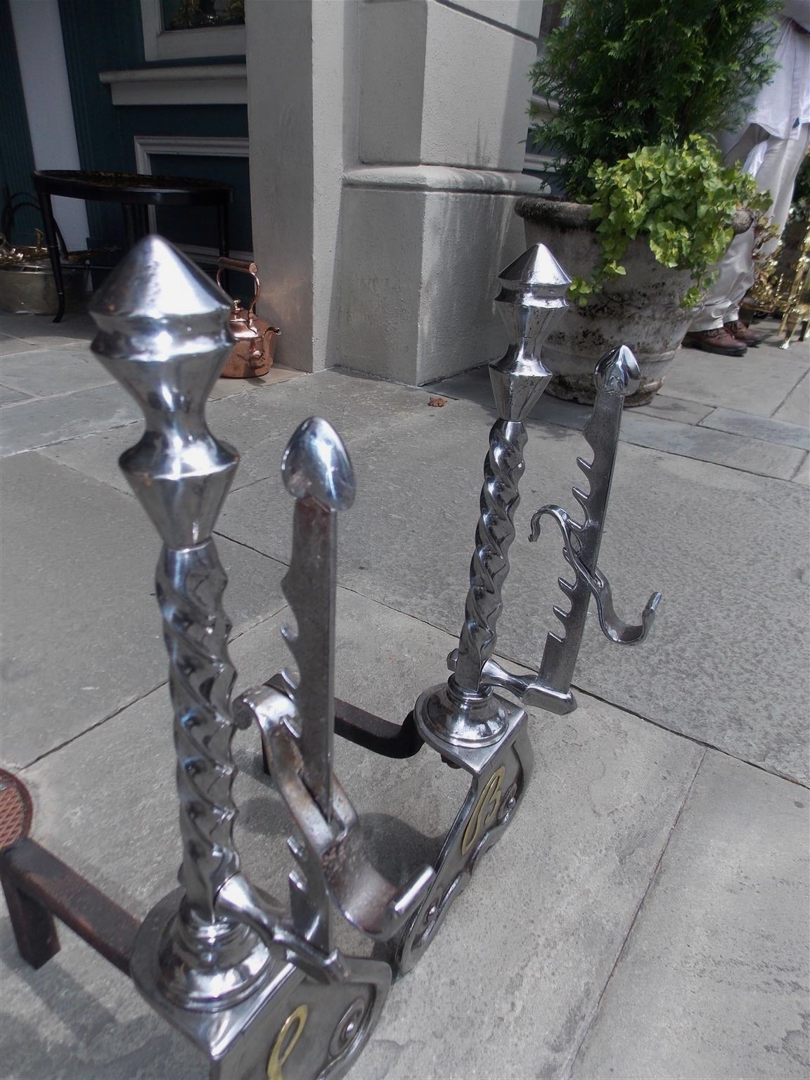 Pair of English Polished Steel and Nickel Silver Andirons.  Circa 1850 In Excellent Condition For Sale In Hollywood, SC