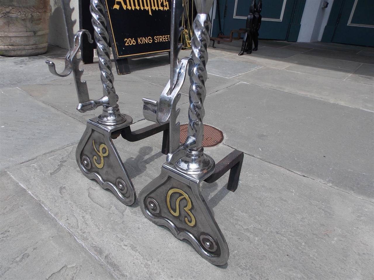 Mid-19th Century Pair of English Polished Steel and Nickel Silver Andirons.  Circa 1850 For Sale
