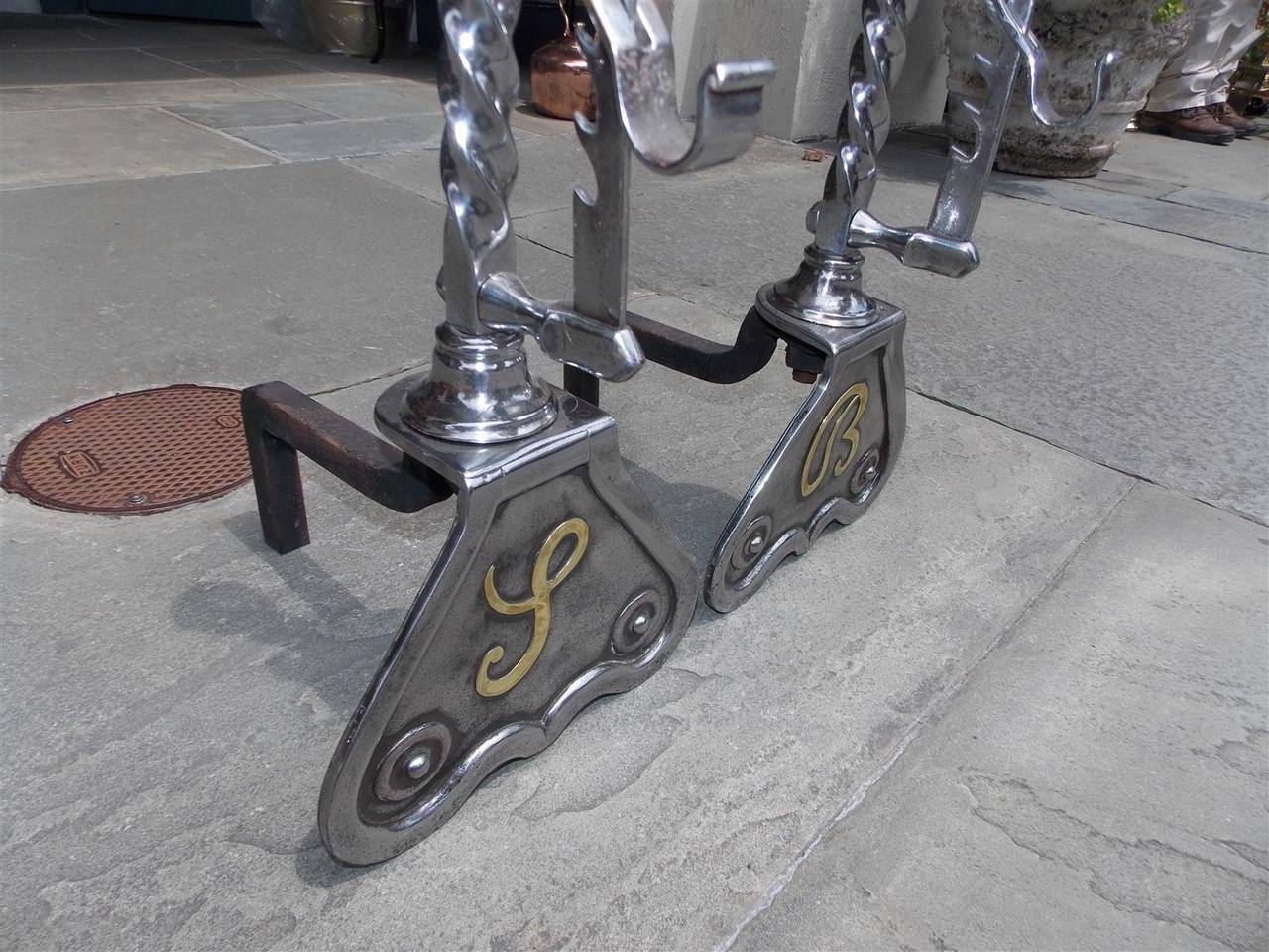Pair of English Polished Steel and Nickel Silver Andirons.  Circa 1850 For Sale 1