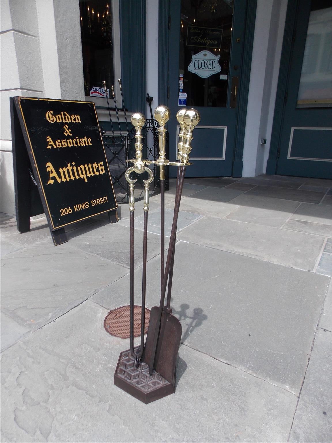 American Colonial Set of American Brass Ball Top Tools on Stand, Boston, Circa 1790