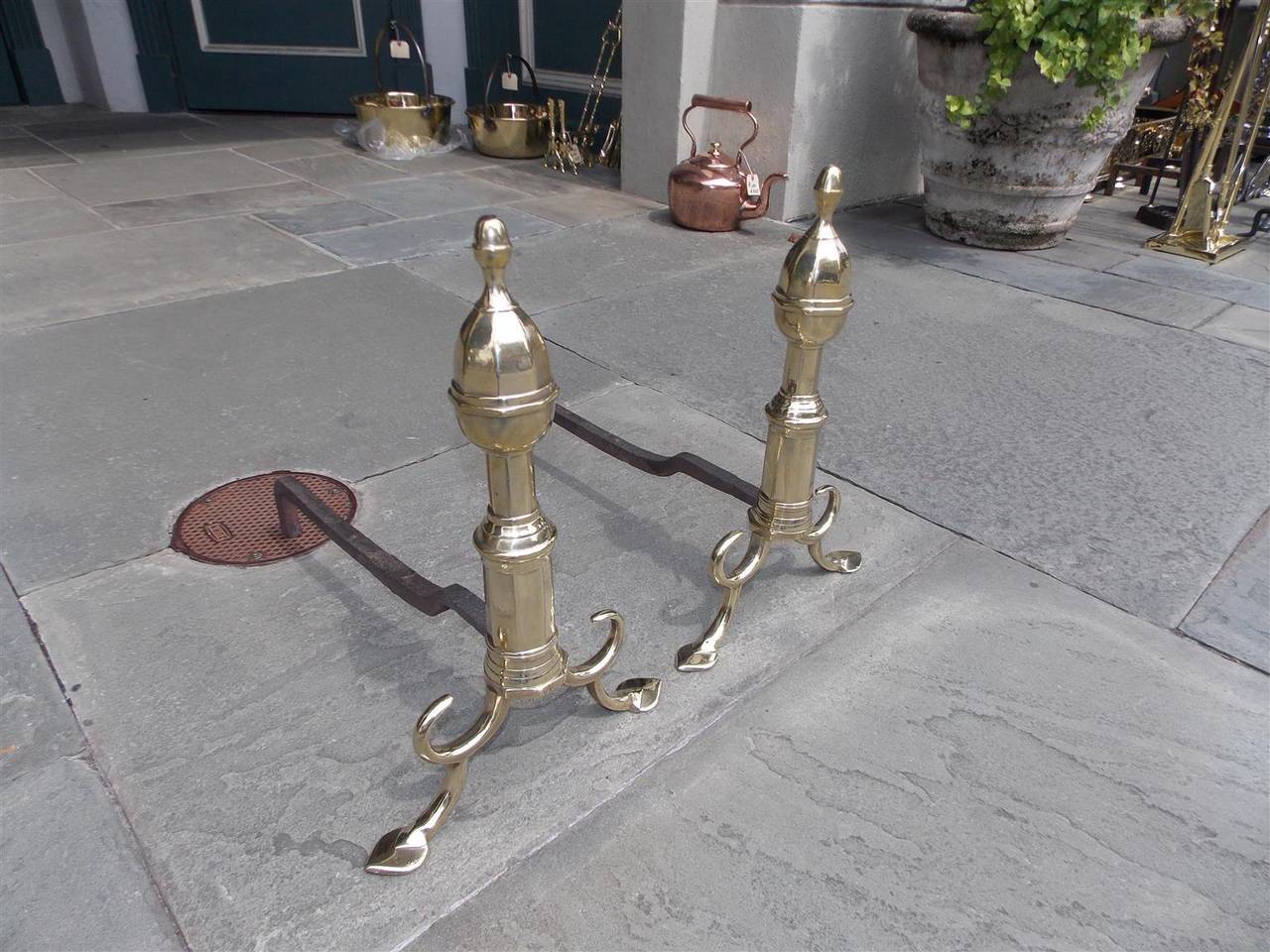 American Colonial Pair of American Brass Acorn Faceted Andirons, Philadelphia, Circa 1800 For Sale