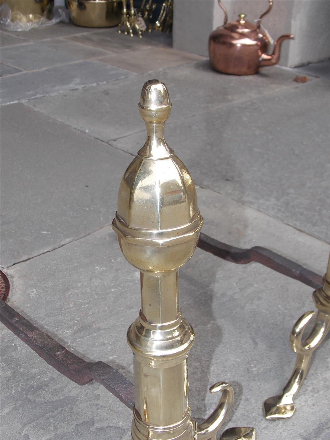 Pair of American Brass Acorn Faceted Andirons, Philadelphia, Circa 1800 For Sale 2