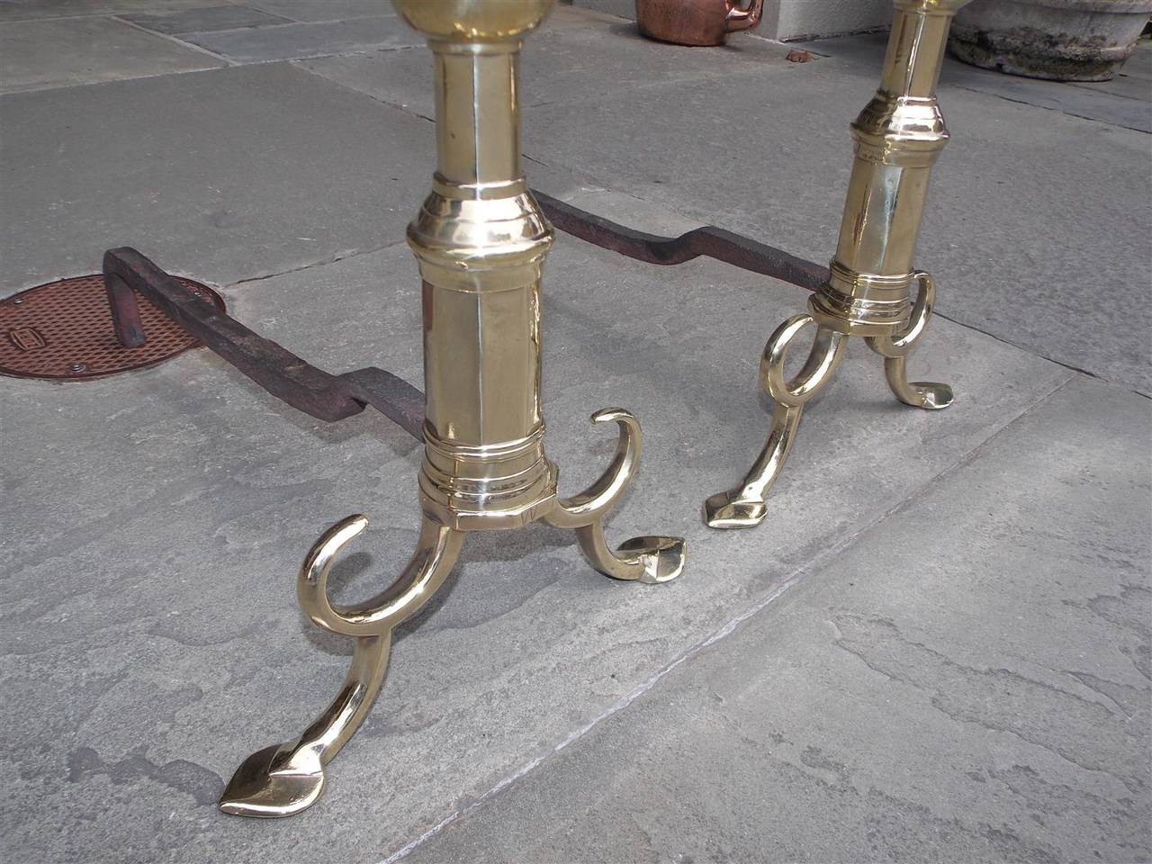 Pair of American Brass Acorn Faceted Andirons, Philadelphia, Circa 1800 For Sale 3