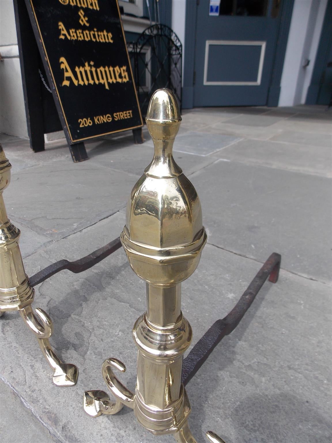 Early 19th Century Pair of American Brass Acorn Faceted Andirons, Philadelphia, Circa 1800 For Sale
