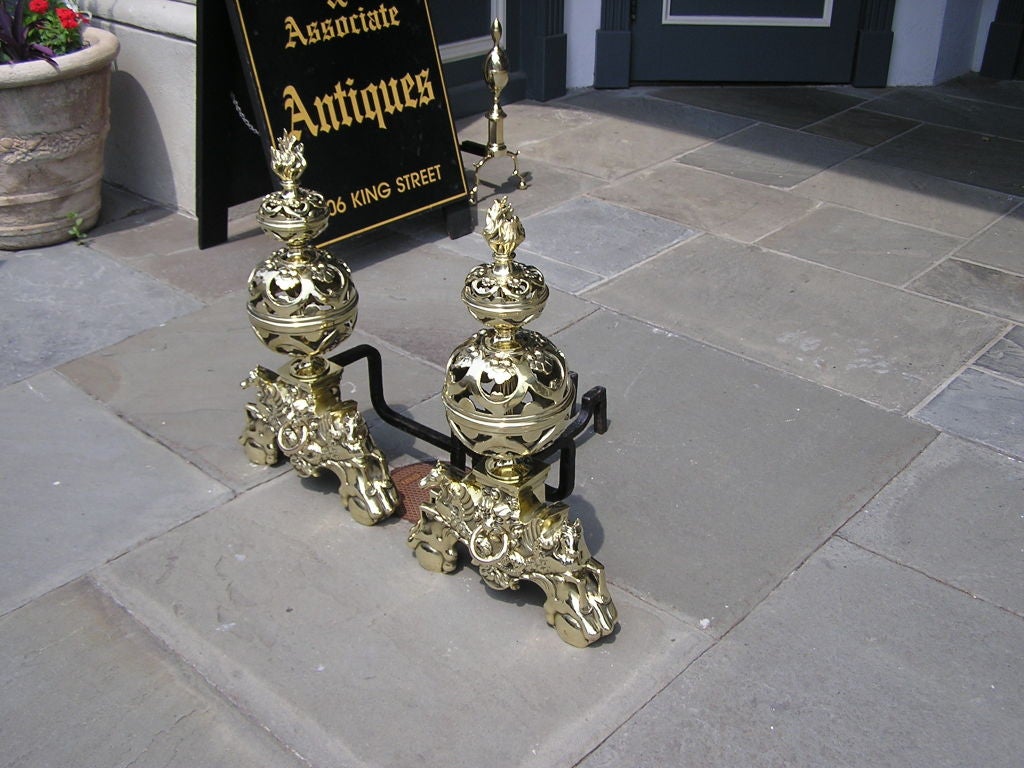 Cast English Brass Ball Top Hand Chased & Pierced Sea Horse Andirons , Circa 1830