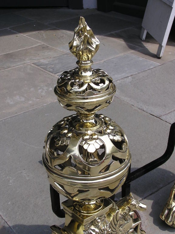 Mid-19th Century English Brass Ball Top Hand Chased & Pierced Sea Horse Andirons , Circa 1830