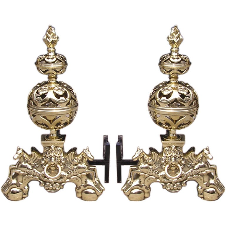 English Brass Ball Top Hand Chased & Pierced Sea Horse Andirons , Circa 1830