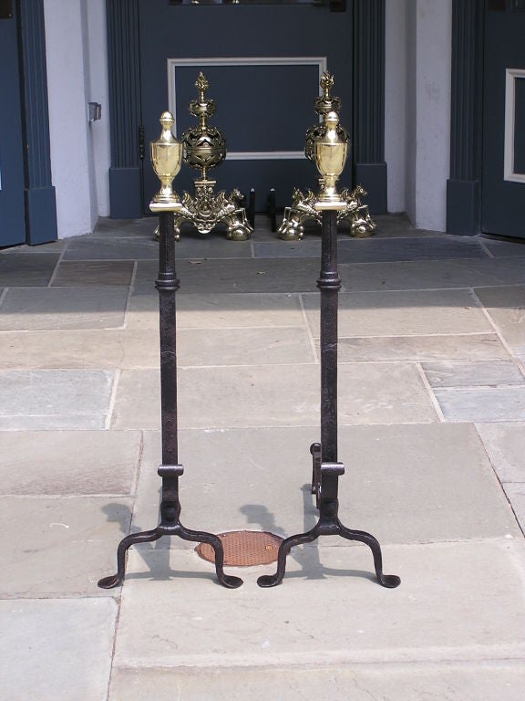American Colonial Pair of American Wrought Iron & Brass Urn Finial Andirons . Circa 1780 For Sale