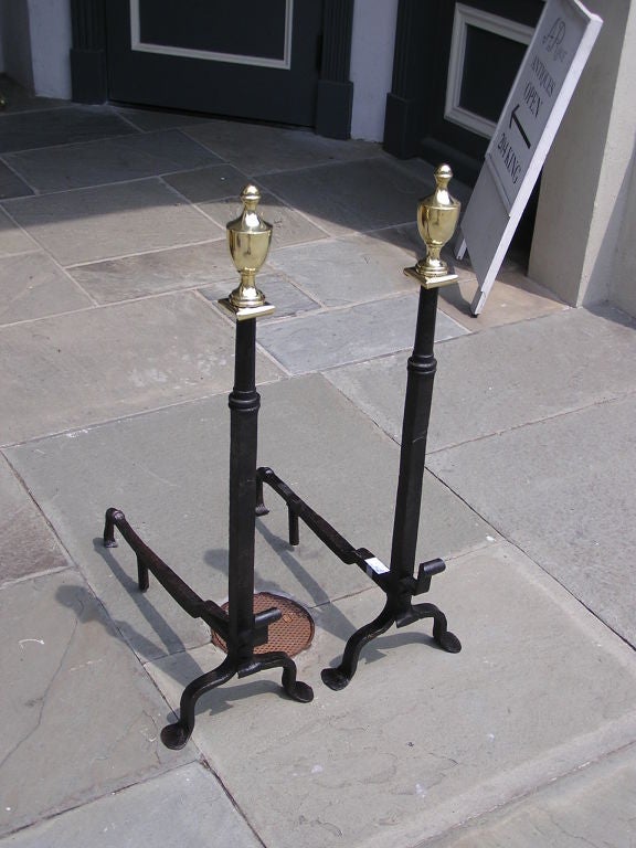 Cast Pair of American Wrought Iron & Brass Urn Finial Andirons . Circa 1780 For Sale
