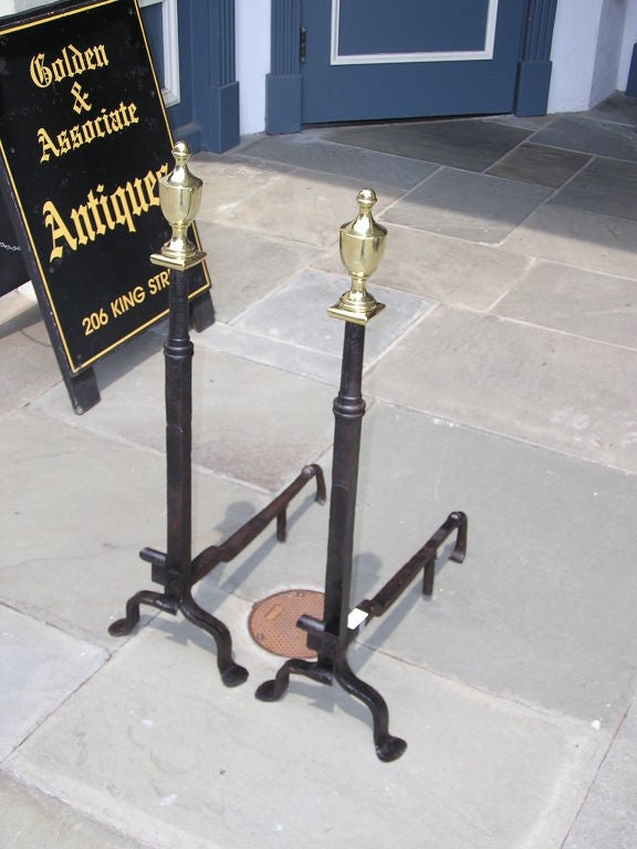Pair of American Wrought Iron & Brass Urn Finial Andirons . Circa 1780 In Excellent Condition For Sale In Hollywood, SC