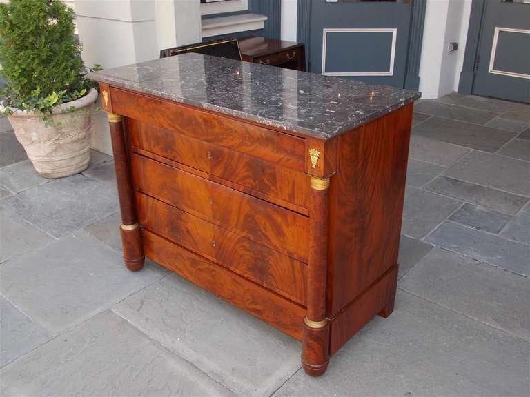 Louis Philippe French Mahogany Marble Top Ormolu Chest of Drawers.  Circa 1810 For Sale