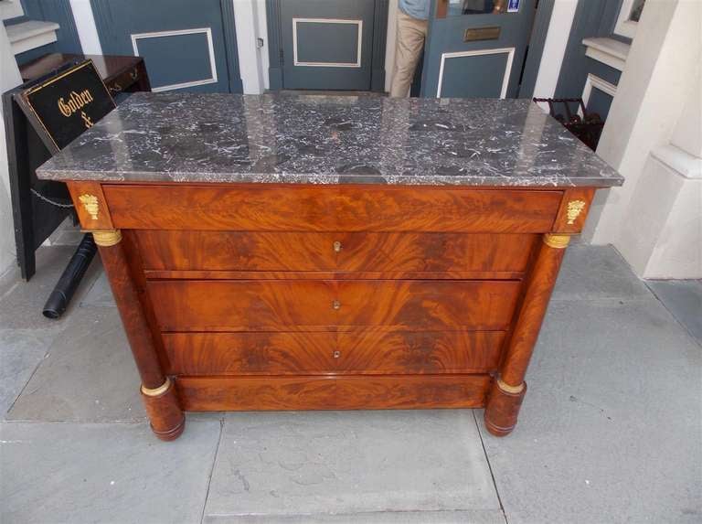 Hand-Carved French Mahogany Marble Top Ormolu Chest of Drawers.  Circa 1810 For Sale