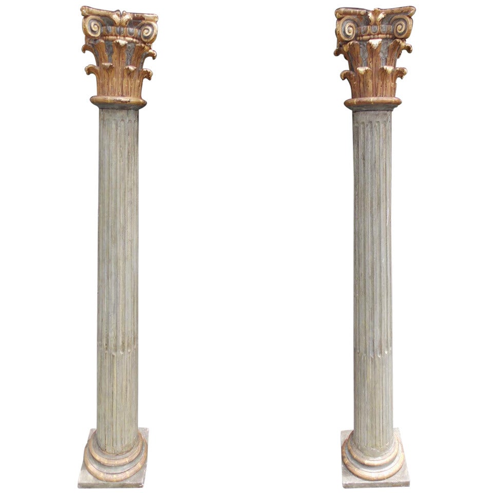 Pair of Italian Gilt Carved Wood & Painted Corinthian Columns, Circa 1790