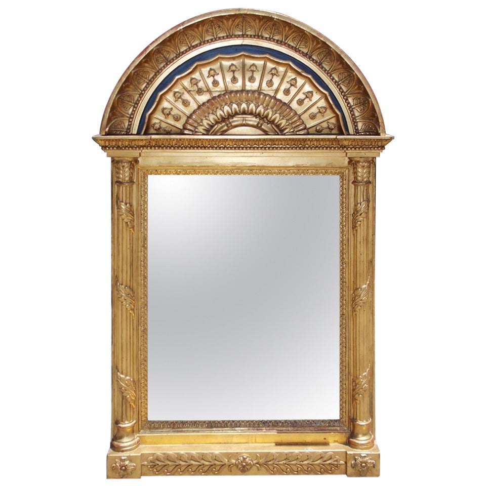 Russian Gilt Carved Wood and Gesso Arched Cornice Lapis Wall Mirror, Circa 1780 For Sale