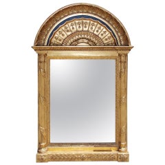 Russian Gilt Carved Wood and Gesso Arched Cornice Lapis Wall Mirror, Circa 1780