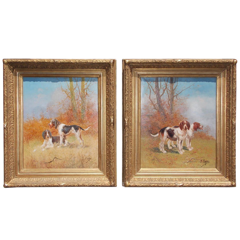 Pair of American Canine Oil on Canvas-  Signed E. Payne For Sale